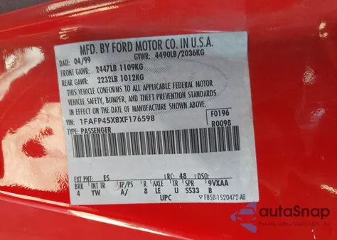 1999 Ford Mustang Gt from USA, damaged, VIN 1FAFP45X8XF176598